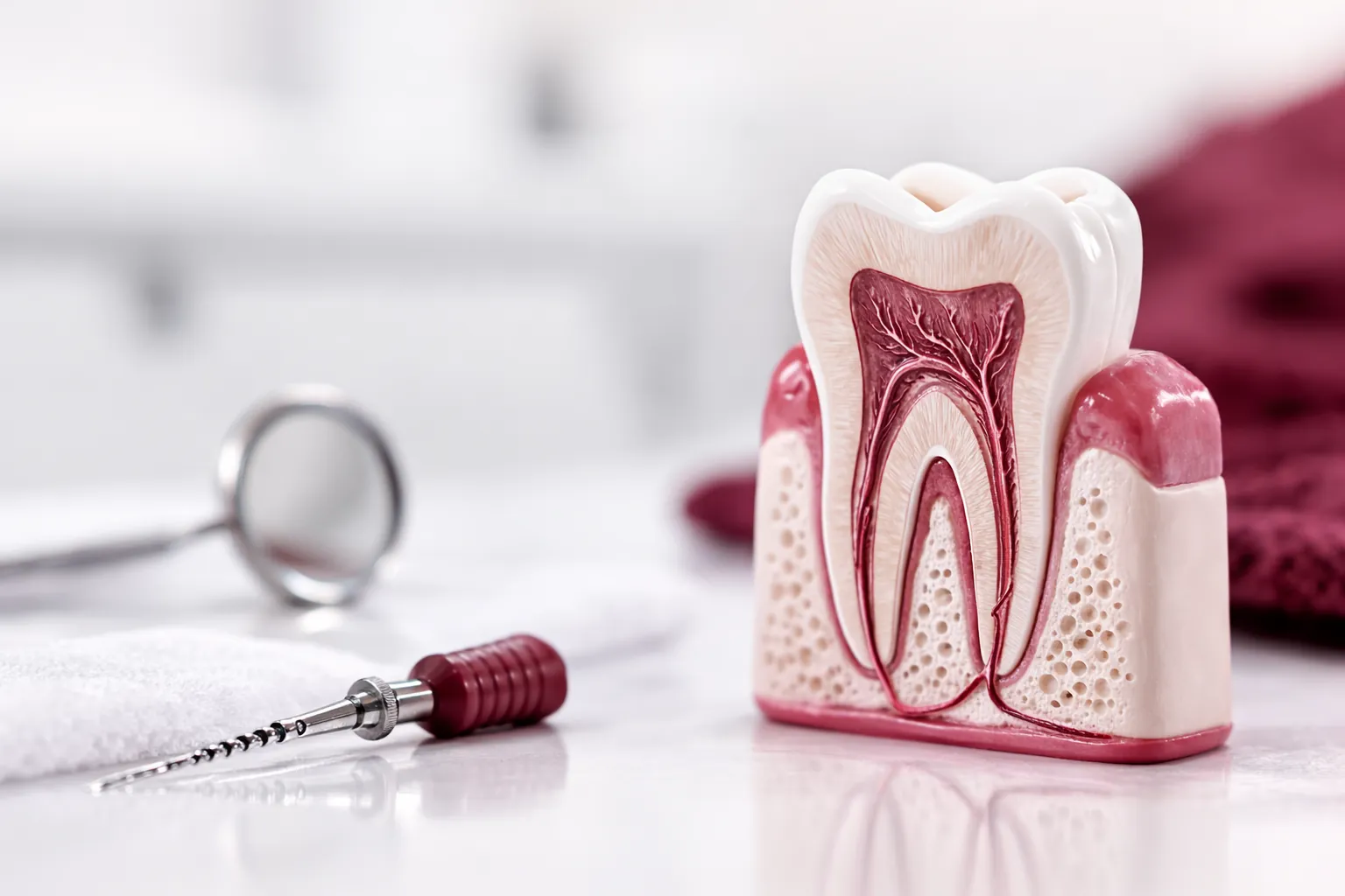 Modelo de dente em corte mostrando a polpa e os canais, ao lado de uma lima endodôntica